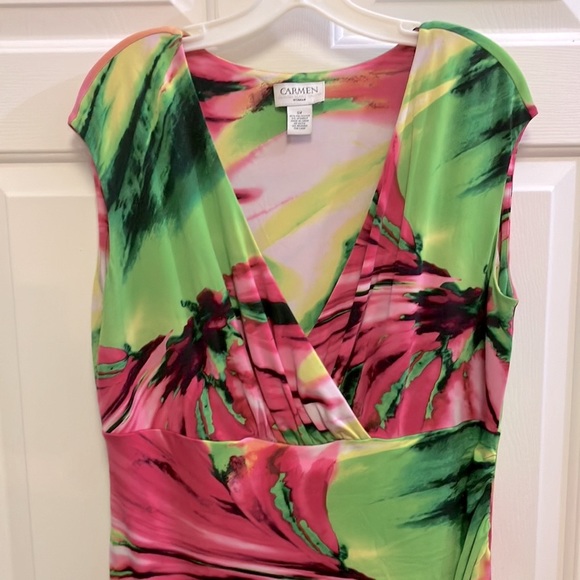 Carmen Marc Valvo Short-sleeve Tropical Print Surplice Neckline Size 0X - Picture 3 of 6